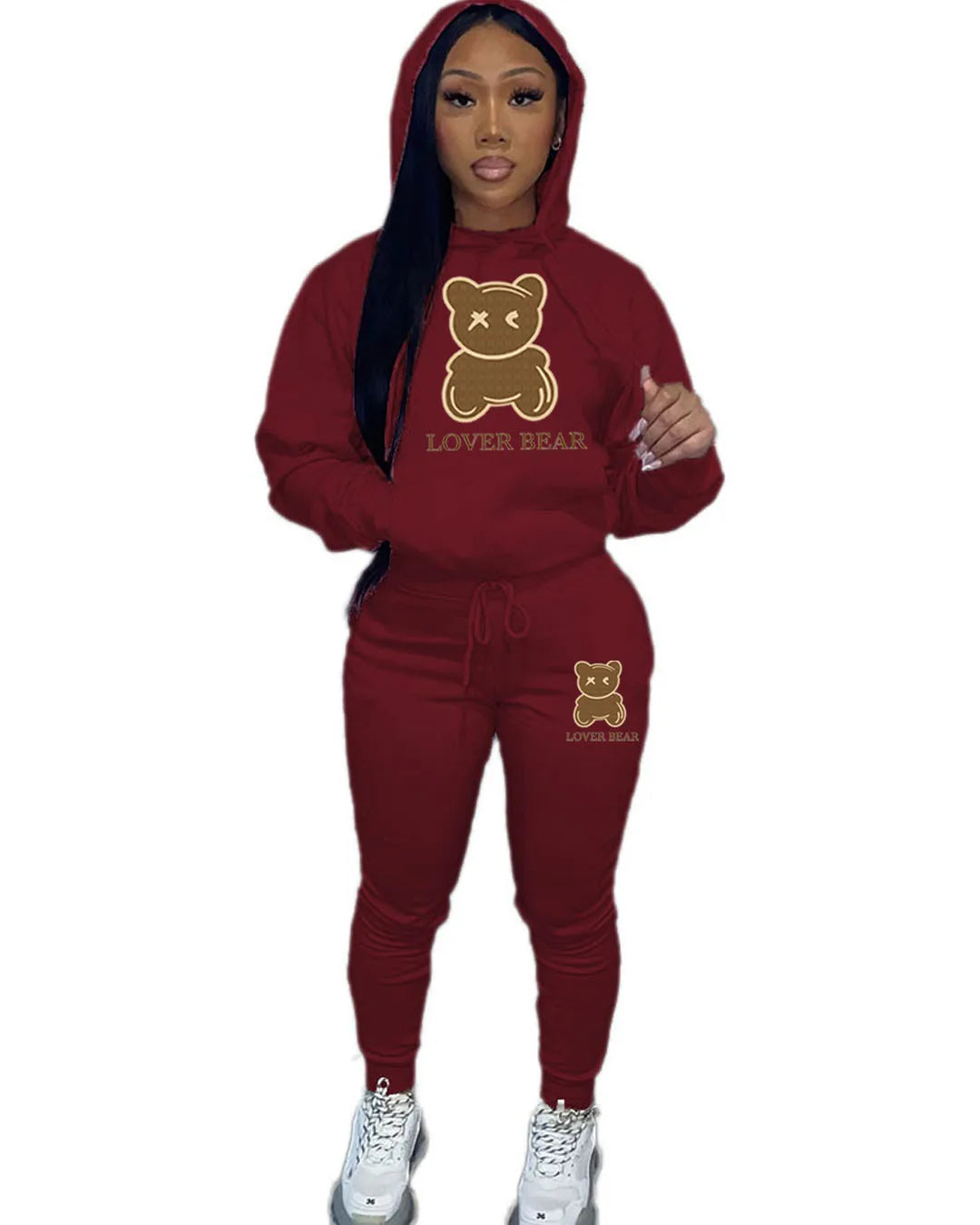 2 Piece Set Women Outfit Letter Bear Print Hooded Neck Hoodies Sweatshirt Pants Tracksuit 2024 Plus Size Streetwear Casual Suit