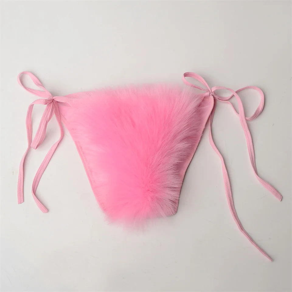 Summer Women Fake Fox Fur Sexy Halter Solid Color Bikini Set Swimsuits Triangle Sexy Bikini Set Faux Fur Swimsuit Plush Swimwear