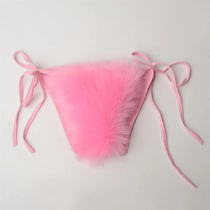 Summer Women Fake Fox Fur Sexy Halter Solid Color Bikini Set Swimsuits Triangle Sexy Bikini Set Faux Fur Swimsuit Plush Swimwear