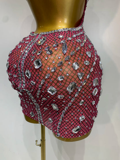 Sexy Sparkly Diamond Backless Short Dress 2025 Women Sleeveless Mesh See Through Evening Birthday Gown Singer Stage Outfit