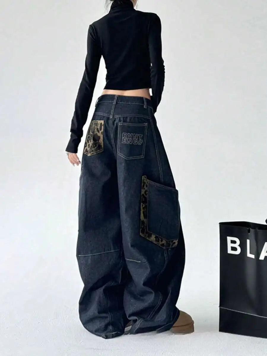 Retro Leopard Handle Joint Quge Denim New Design Sense Straight Wide Pants