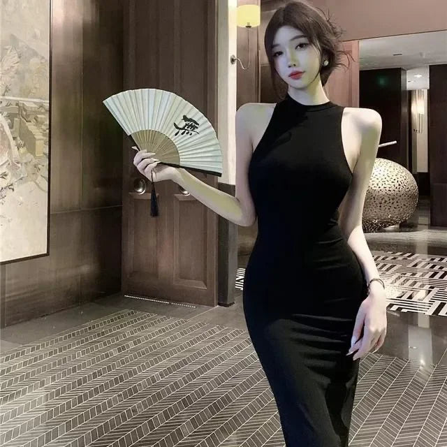 Elegant High Waist Long Sleeveless Dress Neck Hanging Wrap Skirt Slimming Goddess Style Polyester Fiber round Neck Gown