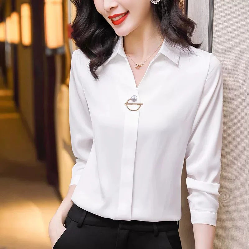 Elegant Women Chiffon Blouse New Temperament Turndown Collar Office Lady Shirt Streetwear Casual Solid Color Tops Clothing