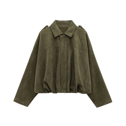 Women Brown Green Suede Jacket Loose Casual Bomber Coat Lapel Zipper Long Sleeve Jackets Vintage Lady Motorcycle Outwears