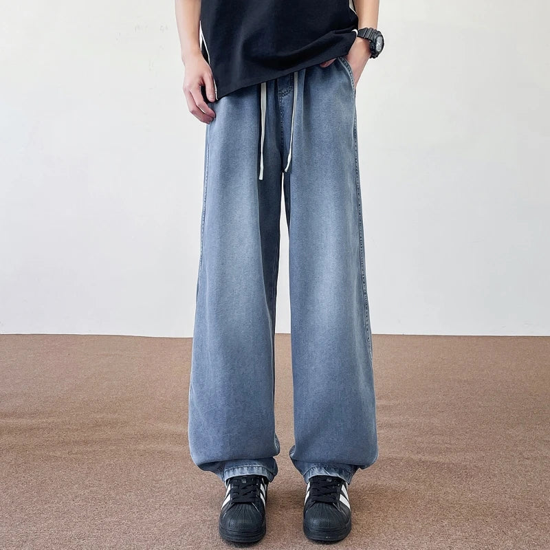 2025 New Autumn American 190 Tall Men Ice Sensation Jeans 115CM Extra Long Length Elastic Waist Thin Loose Wide-leg Clothing