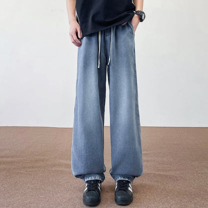 2025 New Autumn American 190 Tall Men Ice Sensation Jeans 115CM Extra Long Length Elastic Waist Thin Loose Wide-leg Clothing