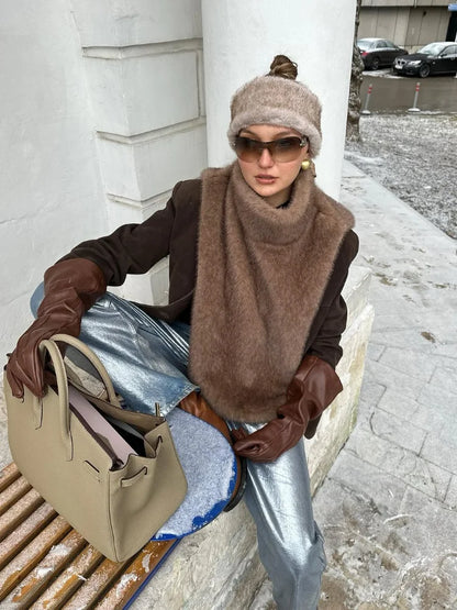 Solid Faux Fur Vest Crop Top Women Fashion Turtleneck Fluffy Short Tank Tops 2025 Winter Female Elegant Sleeveless Jacket Coat