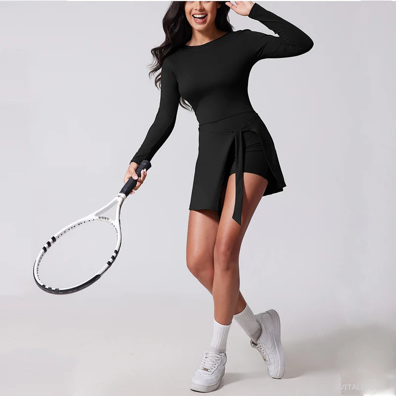 VITALINOVO Womens High Neck Tennis Dress Long Sleeve Sarong Wrap Skirt Built in Shorts Golf Athletic Dress Workout Rompers