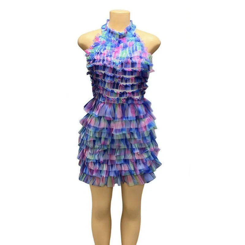 HLJ Sexy Mesh Ruched Patchwork Bodycon Dresses Women Cake Gradient Halter Backless Dress Female Streetwear Vestidos Summer New