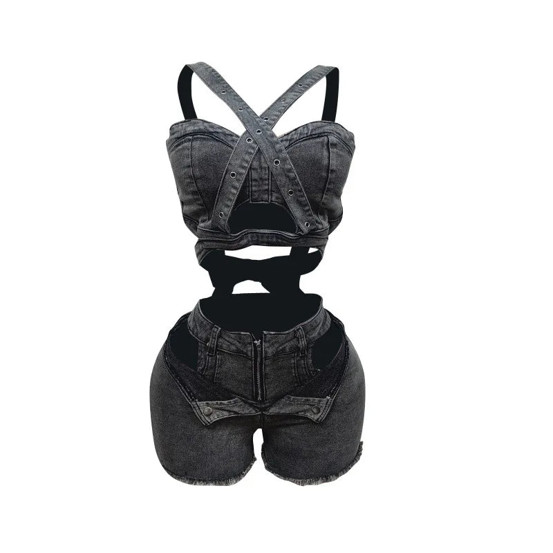 2 Piece Sets Women Denim Shorts Suit Sexy Vest Top Strap Backless Jeans Short Pants Pockets Outfits 2025/2026 Streetwear Ensemble