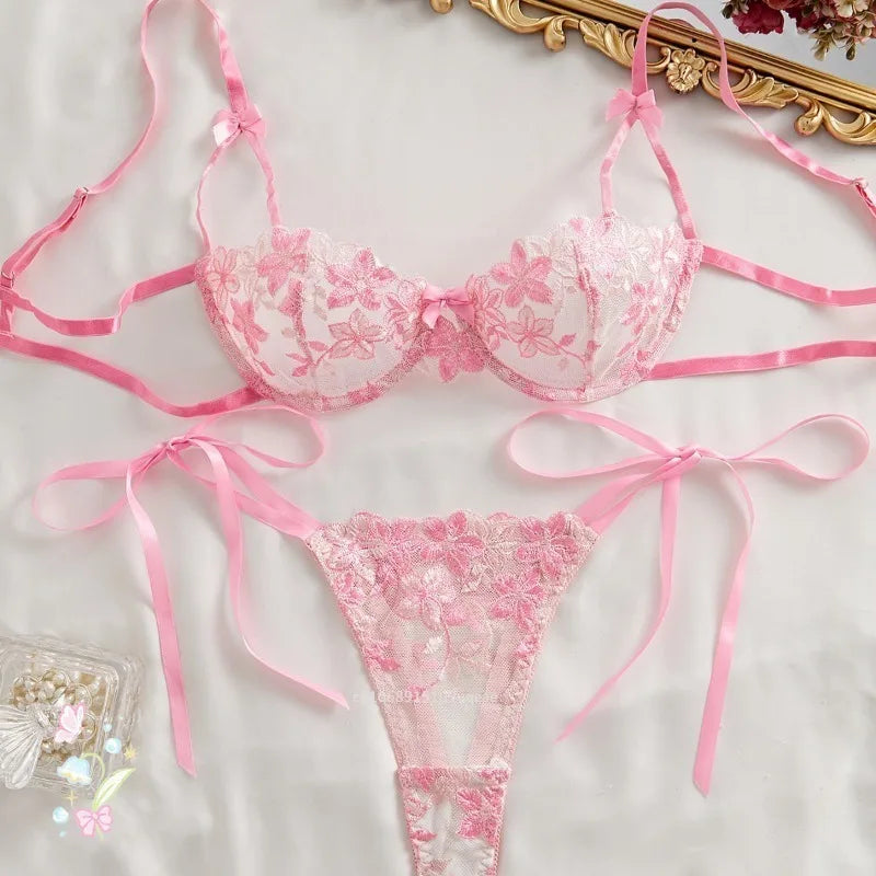 Floral Embroidery Transparent Mesh Bra Brief Sets Ultra Thin Straps Flowers Lace Sexy Lingerie Half Cup Woman Underwear 2025