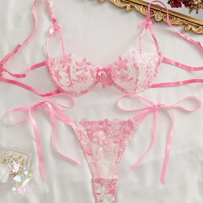 Floral Embroidery Transparent Mesh Bra Brief Sets Ultra Thin Straps Flowers Lace Sexy Lingerie Half Cup Woman Underwear 2025