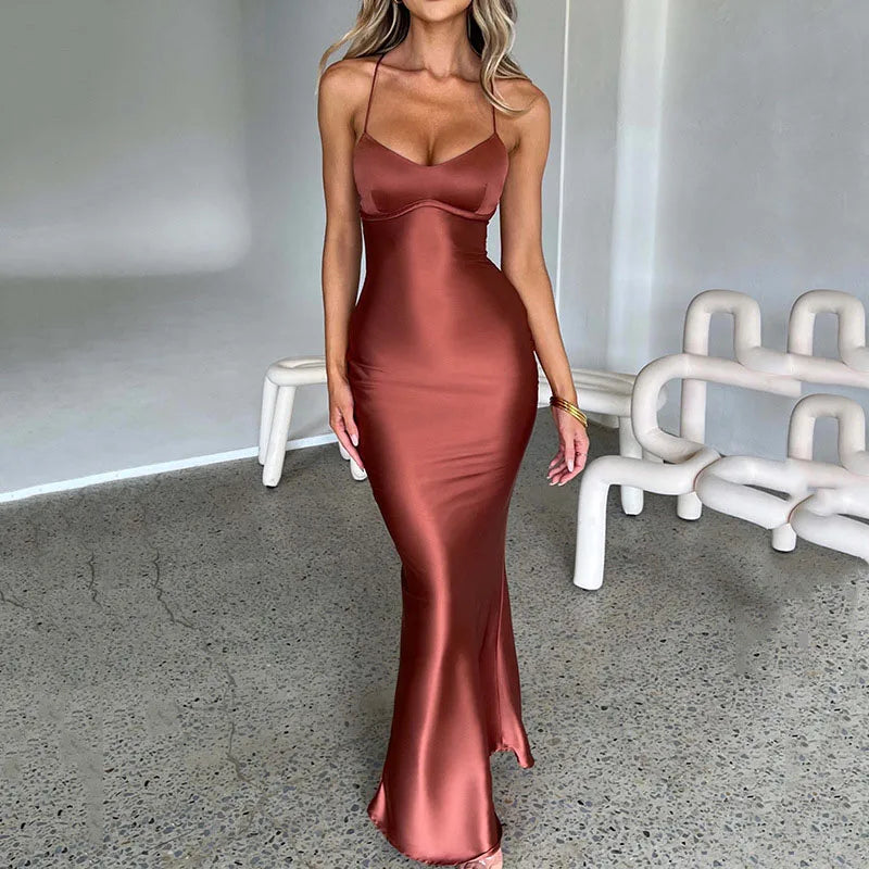 Sexy Spaghetti Strap Satin Dresses Women Elegant Backless Lace Up Mermaid Dress Woman Sleeveless Slim Bodycon Party Long Dress