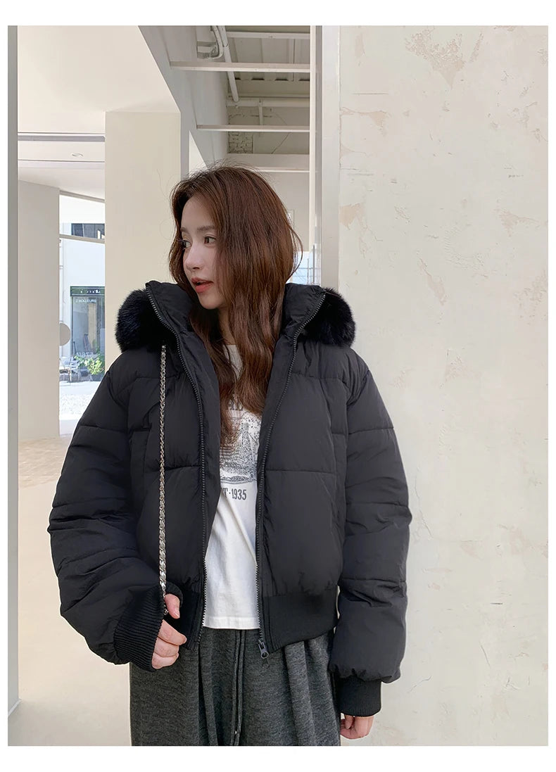 Casual Warm Fur Hooded Cropped Parkas Chic Streetwear Korean Style Down Cotton Coat Thicken Short Women's Winter 2025 Jacket