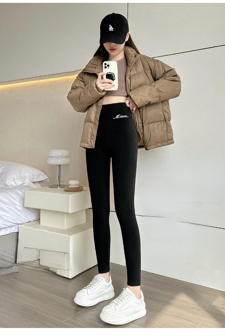Winter Cashmere Leggings Women Solid Warm Leggings High Waist Slim Stretchy Pants Big Size Adding Velvet and Thickening Pants