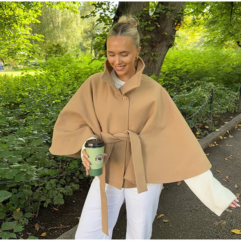 Elegant Fleece Women's Coats Solid Stand Long Sleeve Belted Lace-Up Button Jackets 2025 Autumn Winter Outerwear Female Tops