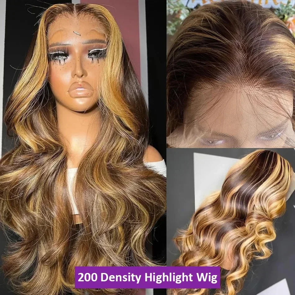 Highlight Ombre Body Wave Lace Front Wig Human Hair 13x4 13X6 4/27 Honey Blonde Lace Frontal Wigs Pre Plucked 200 Density