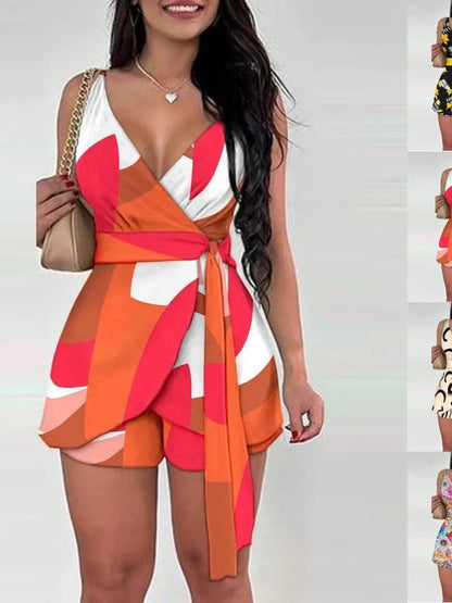 Spring Summer Women's New Fashionable Printed Sexy V-neck Strap Up Waist Sleeveless Strap Top Casual Shorts Set