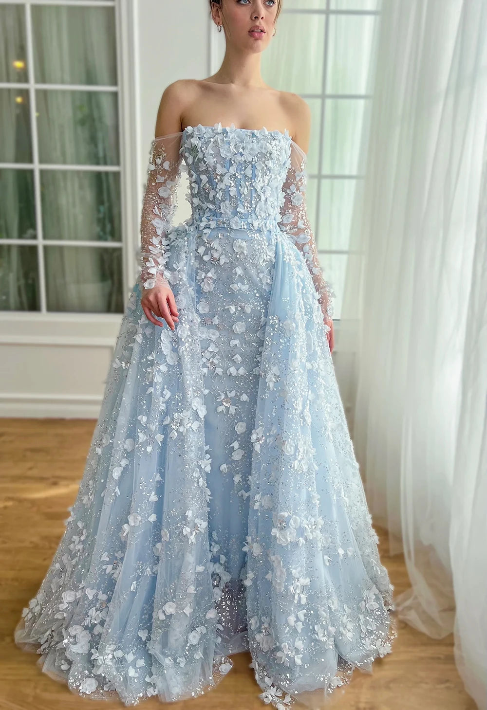 Elegant 3D Flower Evening Dress with Detachable Skirt 2025 & 2026 Luxury Mermaid Long Sleeves Formal Prom Wedding Party Gown Customized