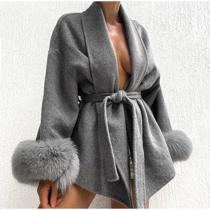 Elegant Lace Up Woolen Short Coat Solid Loose Lapel Furry Belt Long Sleeve Jacket Female 2025 Autumn Winter Lady Chic Cardigan