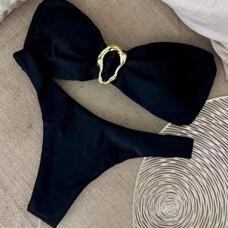 Women Strapless Bikinis Sets Summer Push Up Swimwear Two Pieces Suits Female Sexy Swimsuits Solid Color Lady Backless Beachwear