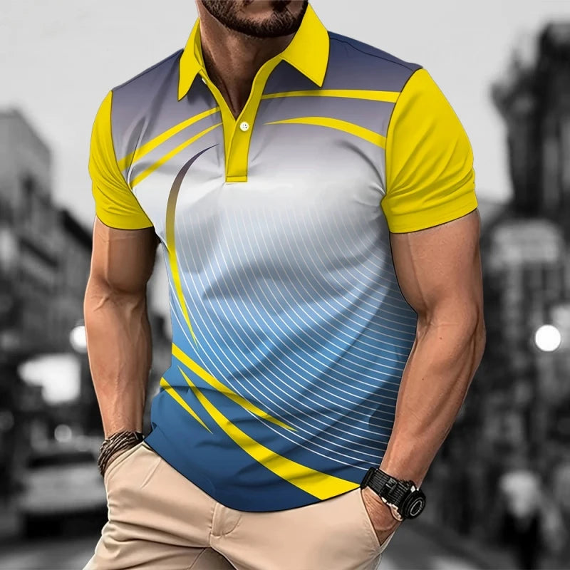 New 3D Printed Colorful Striped Man Polo Shirts Geometric Color Block Pattern Men's Clothes Shirt Casual Lapel Short Sleeve Tops