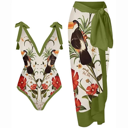 Fashion Women Cover Swimsuit Retro Print Gorgeous One-Piece Suit with Swimwear Beach Casual Swimwear Skirt That Wraps Hips