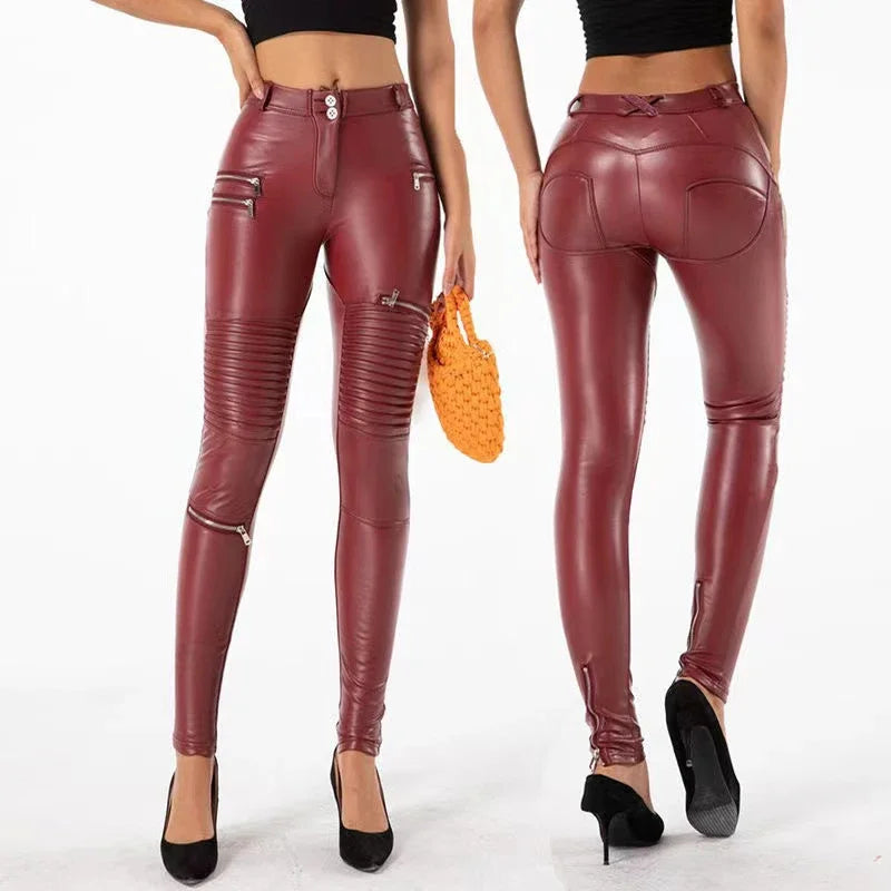 Women Punk Faux Leather Moto Pants High Waist Bodycon Stretchy Slim PU Trousers Streetwear Hip Pop Zip Pants Clubwear Custom