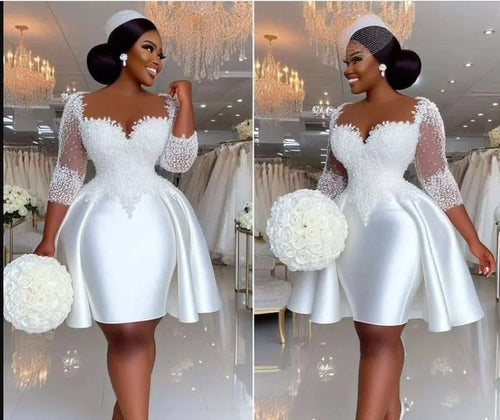 Customized  Sheer Neck Shinny Appliques Beads Short  Wedding Dress  Vestidos De Novia  Half Sleeves Knee Length Bridal Gowns