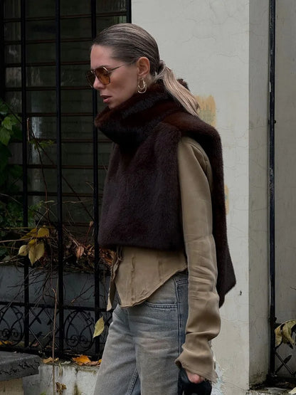 Solid Faux Fur Vest Crop Top Women Fashion Turtleneck Fluffy Short Tank Tops 2025 Winter Female Elegant Sleeveless Jacket Coat