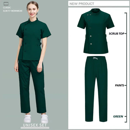 Button Closure and waist retraction Scrub Set Medical Uniforms Nurse Clothes Women Round Neck Surgical Workwear Pair Dental Suit