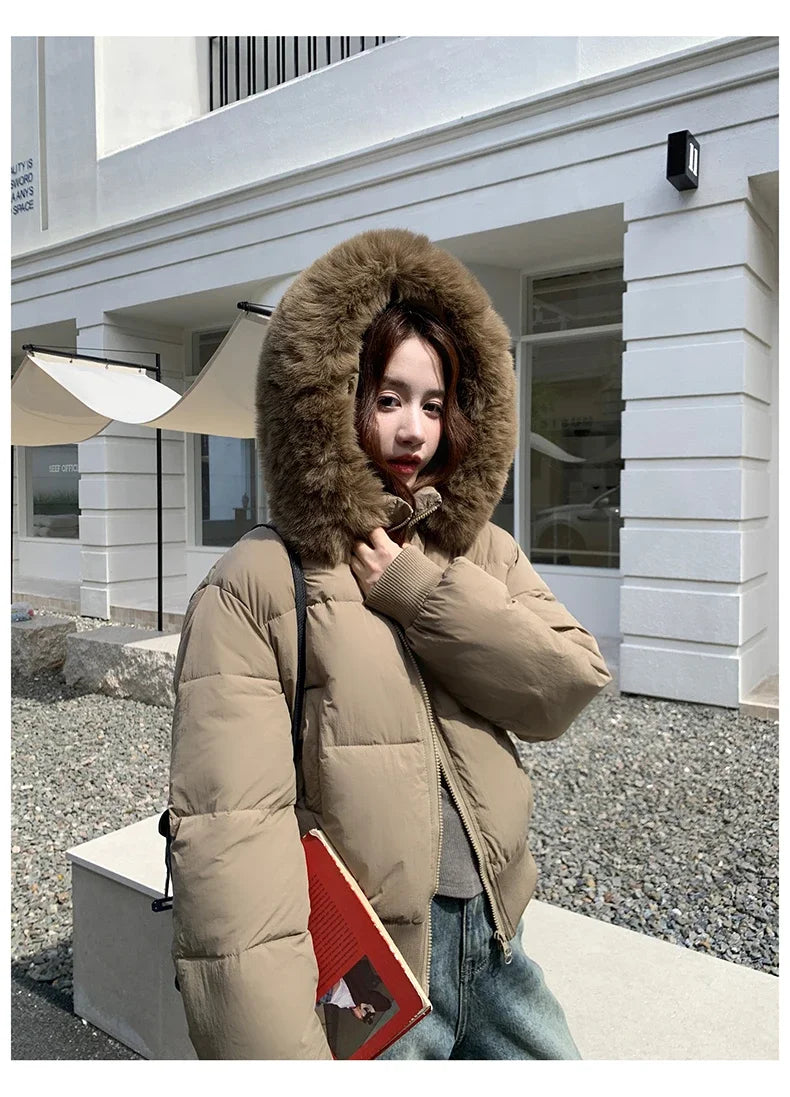 Casual Warm Fur Hooded Cropped Parkas Chic Streetwear Korean Style Down Cotton Coat Thicken Short Women's Winter 2025 Jacket