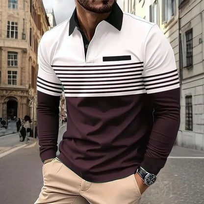 Men's Horizontal Stripes Polo Long Sleeve Polo Shirts Athleisure Daily Wear 3D Prints Breathable Buttons Tops 2025 Fall Winter