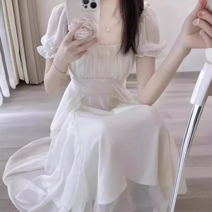 French Style White Fairy Dress Women's Summer 2025 New Super Fairy Princess Gown Gentle Wind Long Skirt Elegant Sensation