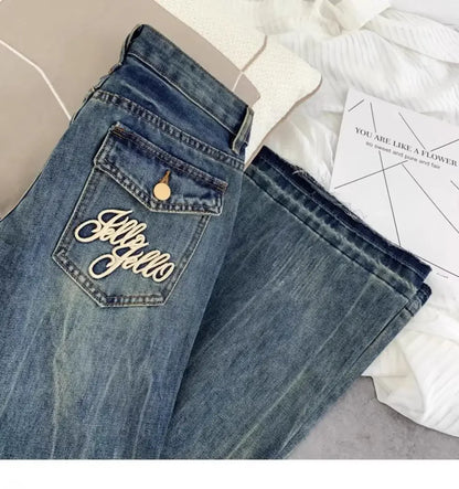 American Retro Low-waisted Jeans Female Autumn New Embroidery Old Casual Fashion Temperament Slim Joker Bell Bottoms.
