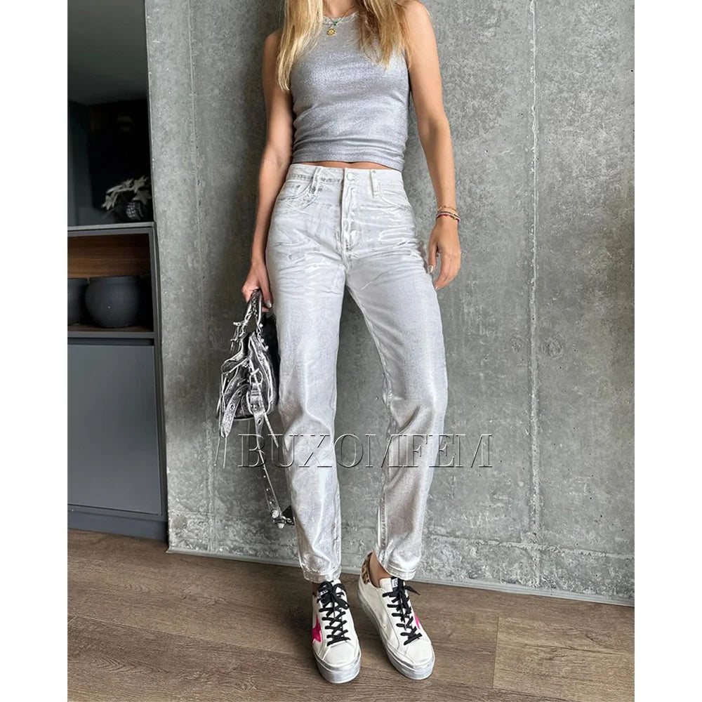 New Vintage Jeans Straight Wide Leg Jeans Female Summer New Fashion Silver Gold Women Metallic Denim Pants Streetwear Style