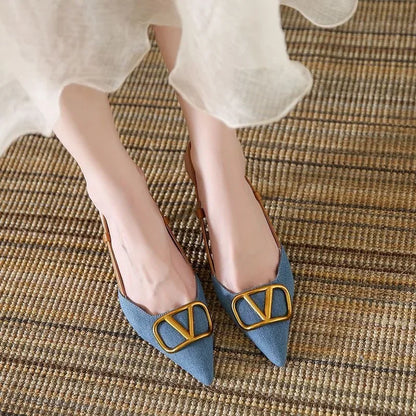 Retro High Heels 2025 New French Light Mouth Pointed Head Thin Heel Women's Denim High Heel Sandals Summer Bag Head