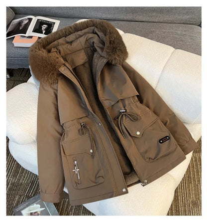 Women Big Fur collar Loose Parka Jacket Lady Medium Long Styles Down Cotton Outwear Winter Female Hooded Cotton Padded Coat