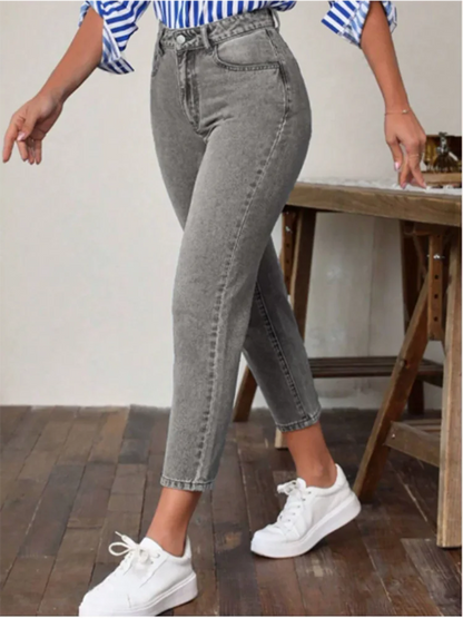 Pocket Micro Elastic Pants High Waist Solid Color Women's Straight Leg Pants Fashion High Street Daily Versatile Spring Jeans