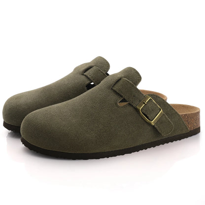 Comwarm Fashion Men's Suede Mules Slippers New Women Clogs Cork Insole Sandals With Arch Support Outdoor Beach Slides Home Shoes