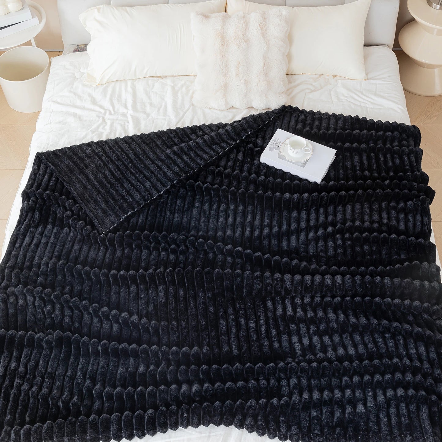 1pc solid color thick wide stripe multifunctional blanket, can be used as bed sheet covering blanket, nap blanket, pet blanket