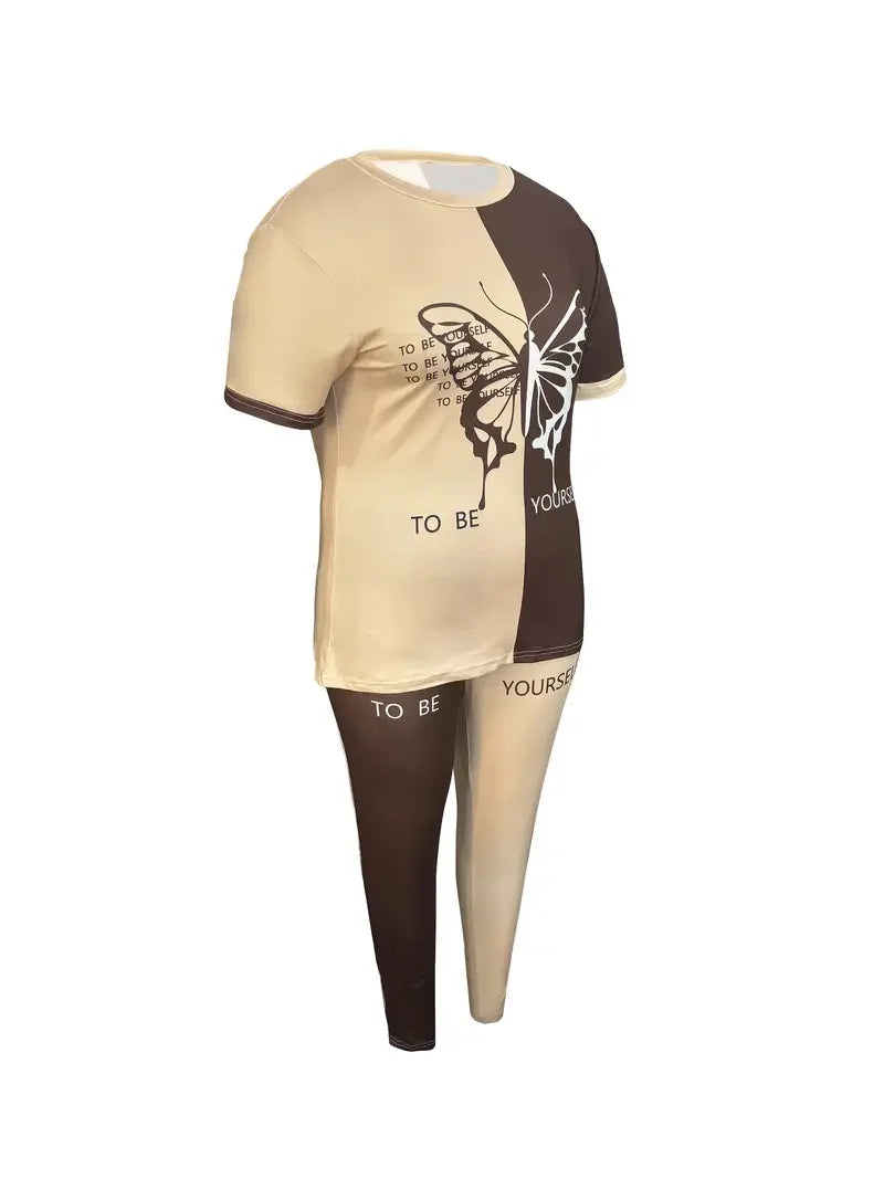 Fashion New Printed Plus Size Women's Trousers Short-Sleeved Suit