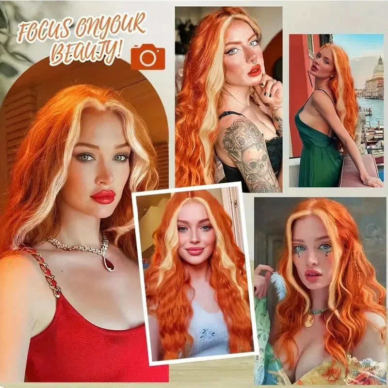 26" Long Blonde to Orange Gradient Highlight Wig Skunk Stripe Synthetic Lace Front Voluminous Body Wave Hair for Women