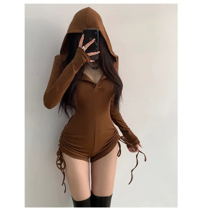American Style Casual Hooded Jumpsuit Women's Slimming Fitness Clothes Tight High Waist Long Sleeve Yoga One-Piece Suit