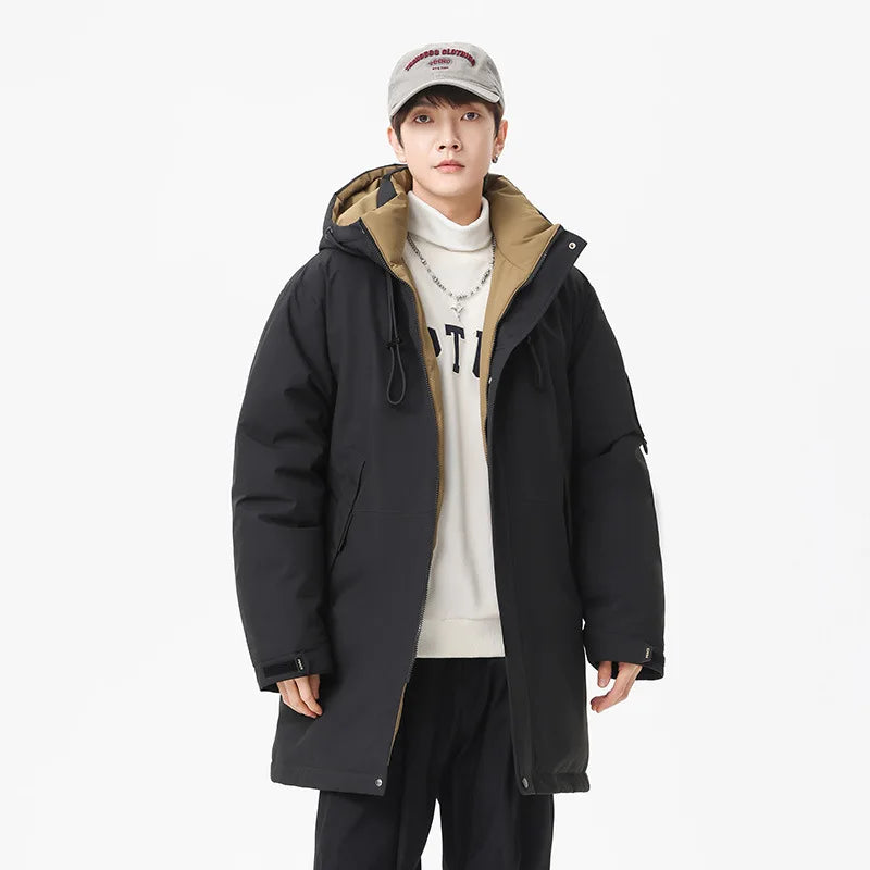 Winter new style cotton coat for men 2026 snap-closed hooded jacket neutral style mid-length workwear cotton coat for men