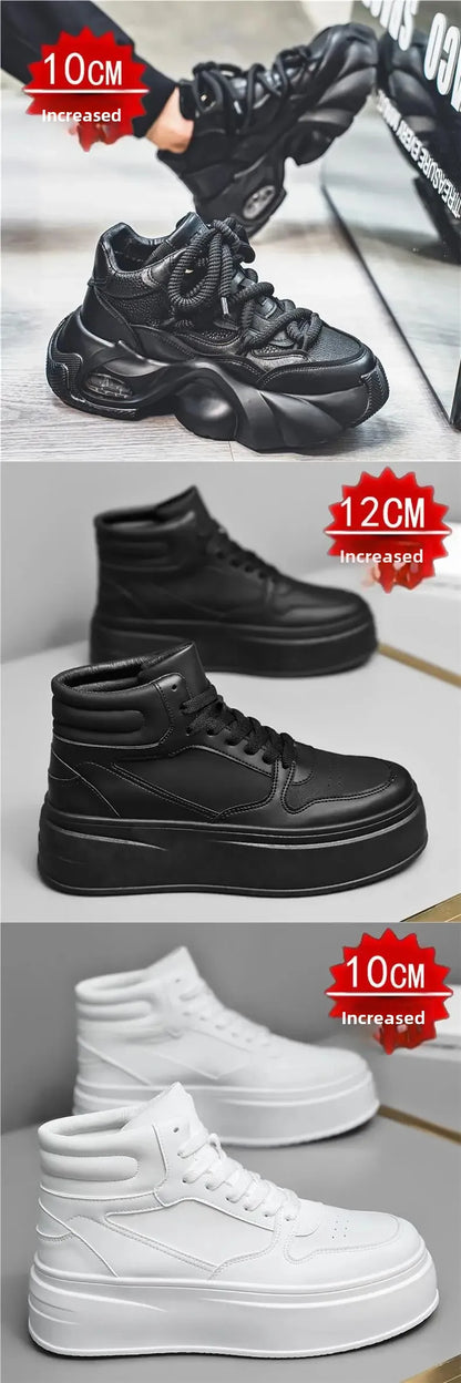 New Autumn/Winter Men's Casual Sneakers 12cm Increased Height 10cm Thick Sole White Shoes High Top Rubber Base Male Footwear