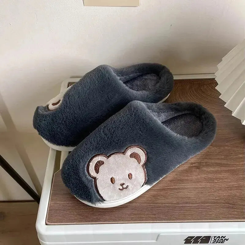 Bear Plush Slippers For Women Men Fashion Kawaii Fluffy Winter Warm Slippers Lovers Cartoon Teddy Bear House Shoes TG03