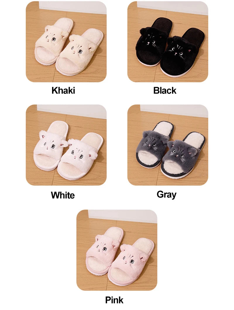 Cute Cartoon Cat Home Slippers for Women Open Toe Non Slip Wave Sole Faux Fur Slides Woman Autumn Winter Plush Indoor Slippers