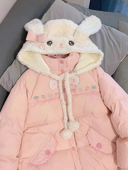 Preppy Style Winter Embroidery Warm Women Parka Harajuku Zippers Casual Rabbit's Ears Hooded Tops Y2k Aesthetic Pocket Pink Coat