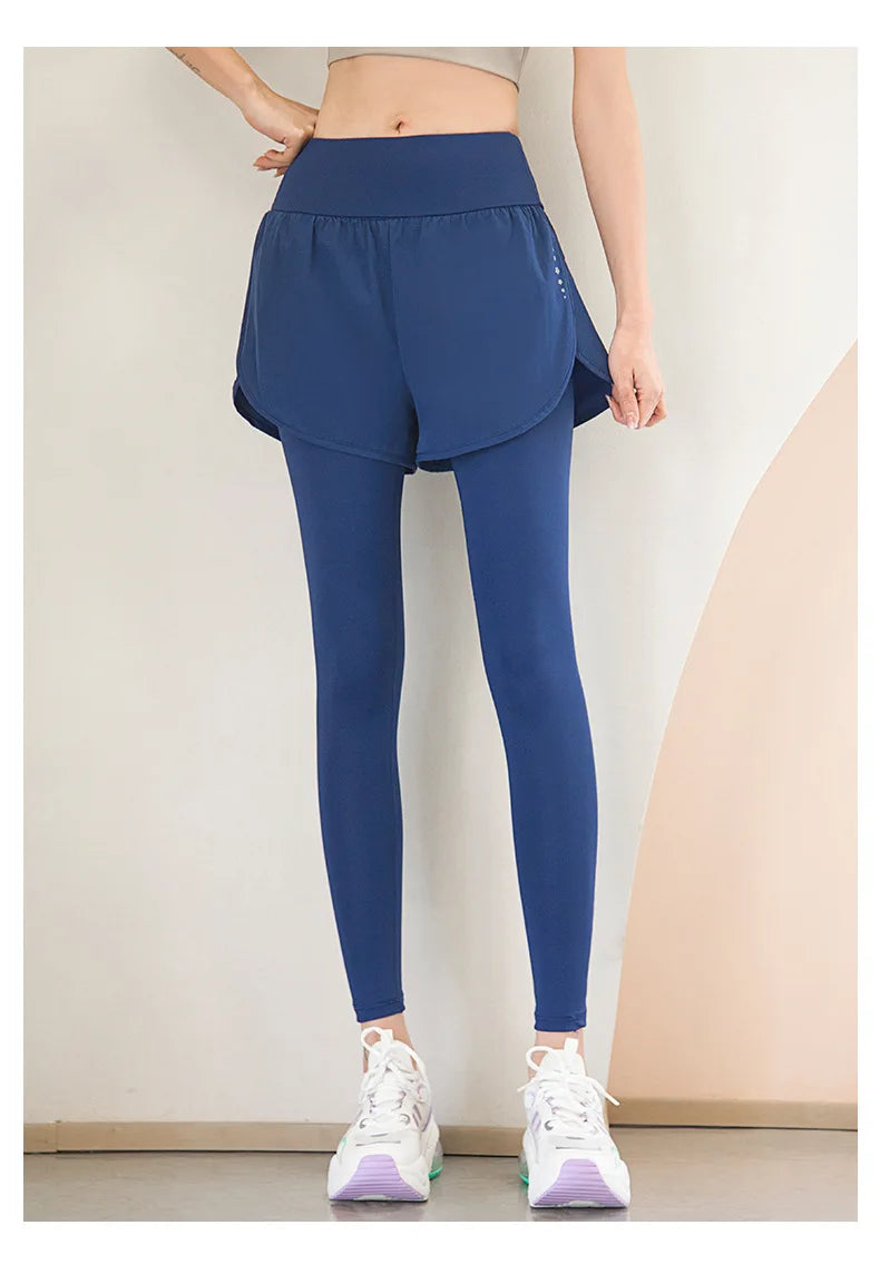 Women's Gym Leggings Elastic High Waist Fake Two Pieces Yoga Pants With Pockets Sportswear Running Tights Gym Yoga Wear